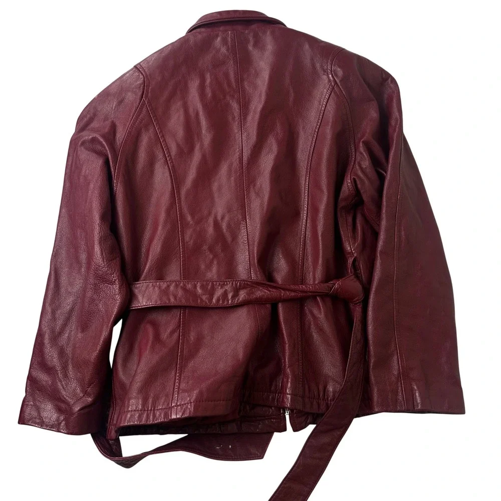 Wilsons Leather Jacket Womens Small Burgundy Zip Belted Outdoor Moto RN69426